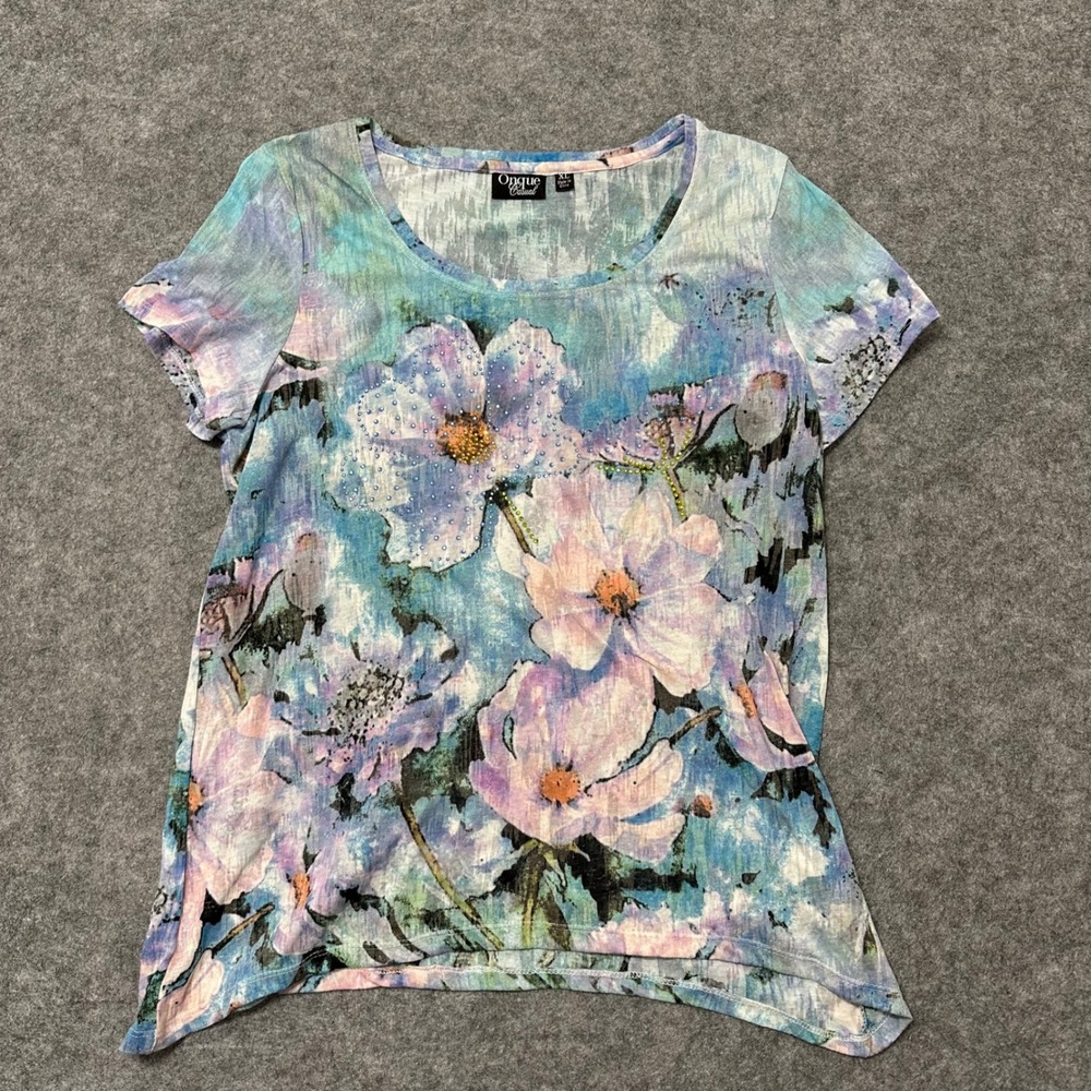 Onque Casual Top Womens XL Blue Floral Embellished Short Sleeve Cotton Blend Tee